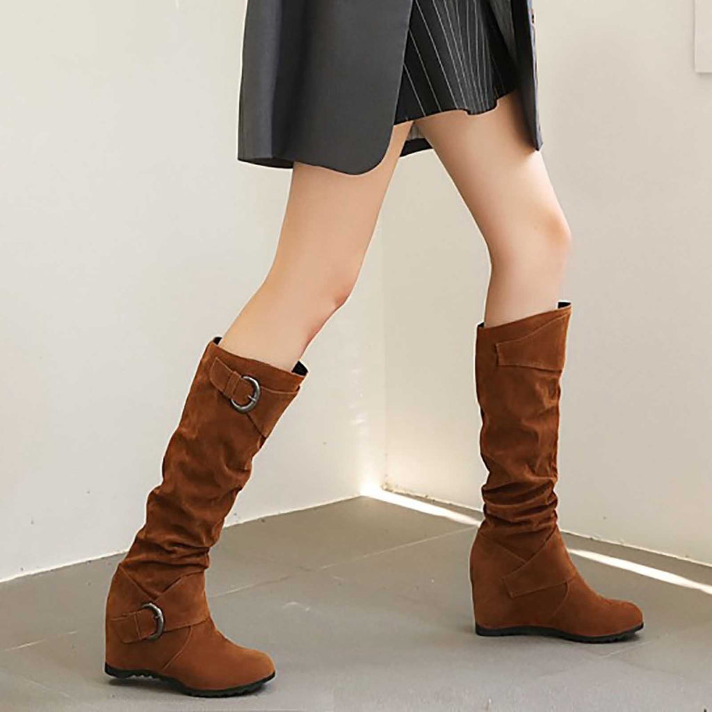 hopeusnice Women's Over The Knee Boots Suede Buckle Wedge Heel Winter Warm Boots Fashion Slouchy Boots Knee High Boots Brown 35