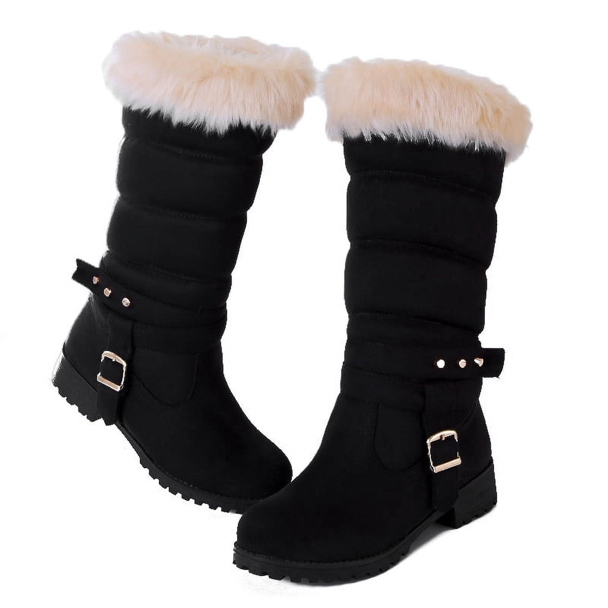 Mid Calf Boots For Women Thermal Plush Fleece Lined Suede Round Toe Chunky Mid Heels Winter Snow Boots Winter Warm Dress Long Tall Boots Blue 37