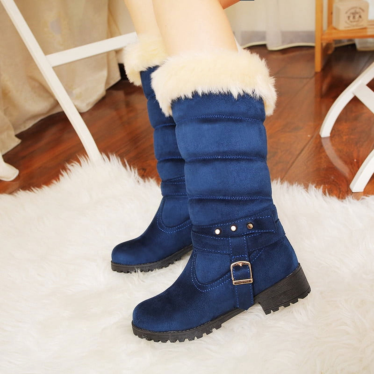 Mid Calf Boots For Women Thermal Plush Fleece Lined Suede Round Toe Chunky Mid Heels Winter Snow Boots Winter Warm Dress Long Tall Boots Blue 37