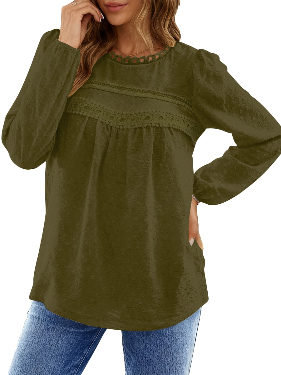 UVN Fall Shirts for Women Long Sleeve Blouses Ladies Crewneck Lace Crochet Tops Dressy Chiffon Blouses