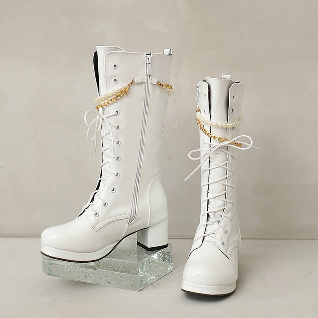 hopeusnice Knee High Boots for Women Mid Calf Boots Chunky Block Heels Buckle Lace Up Boots Stylish Fall Winter Shoes Orange 36