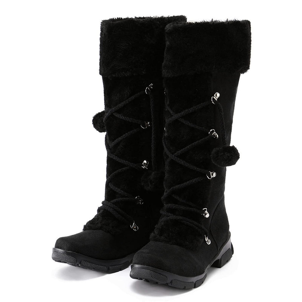 hopeusnice Women's Winter Boots Fuzzy Fleece Lined Knee High Snow Boots Warm Plush Lace Up Outdoor Ankle Boots Beige 36
