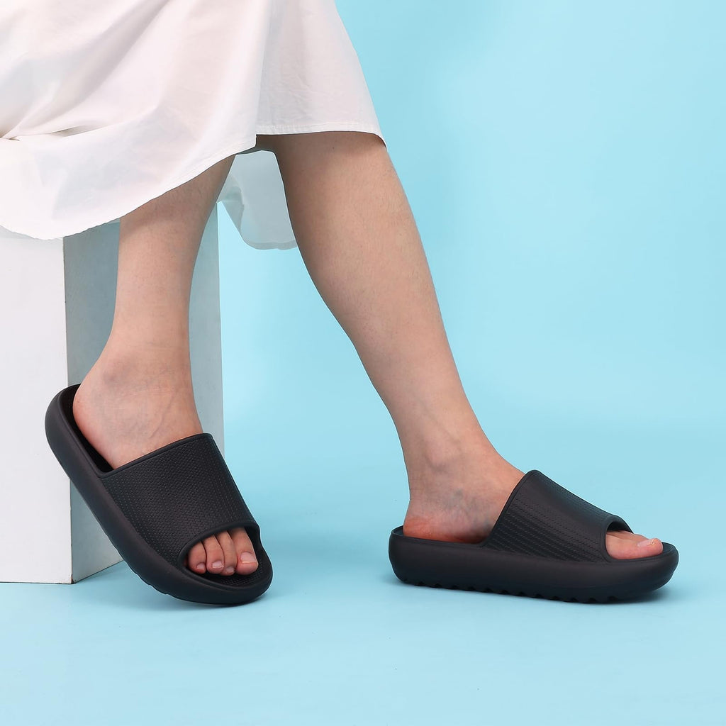 Litfun Cloud Slide Sandals for Women Men Summer Shower Shoes Soft Pillow Slippers Arch Support Beach Slides, Black