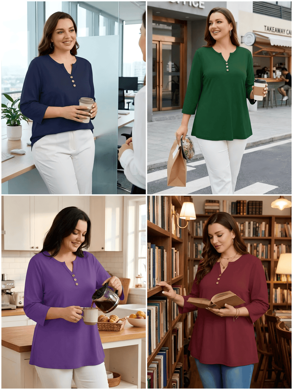 SHOWMALL Plus Size Tops for Women, 3/4 Sleeve Button V Neck Casual Tunic Blouse, Green, Size 4X