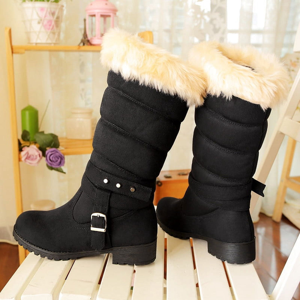 Mid Calf Boots For Women Thermal Plush Fleece Lined Suede Round Toe Chunky Mid Heels Winter Snow Boots Winter Warm Dress Long Tall Boots Blue 37