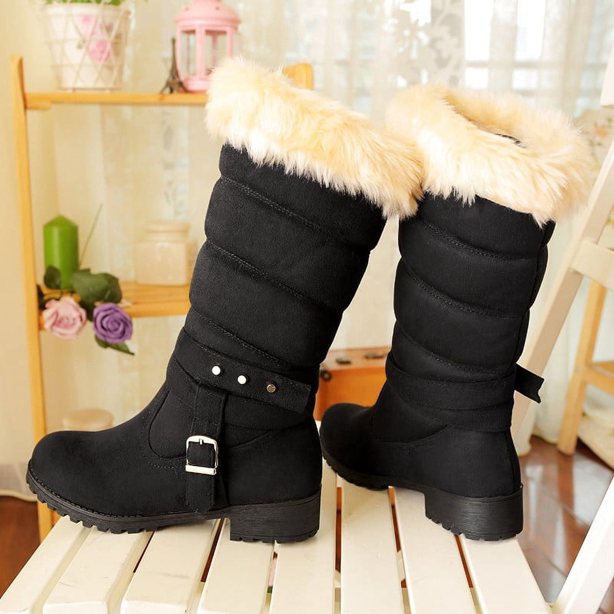 Mid Calf Boots For Women Thermal Plush Fleece Lined Suede Round Toe Chunky Mid Heels Winter Snow Boots Winter Warm Dress Long Tall Boots Blue 37