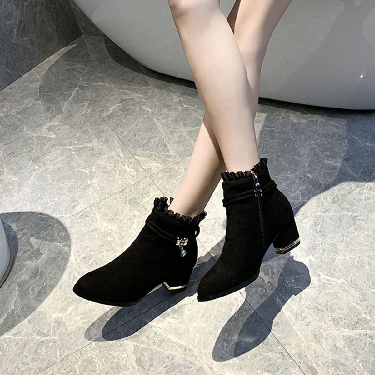 hopeusnice Women's Ankle Boots Chunky Block Low Heel Vintage Tie Knot Booties Shoes with Side Zipper Fashion Comfortable Fall Winter Shoes Black 37