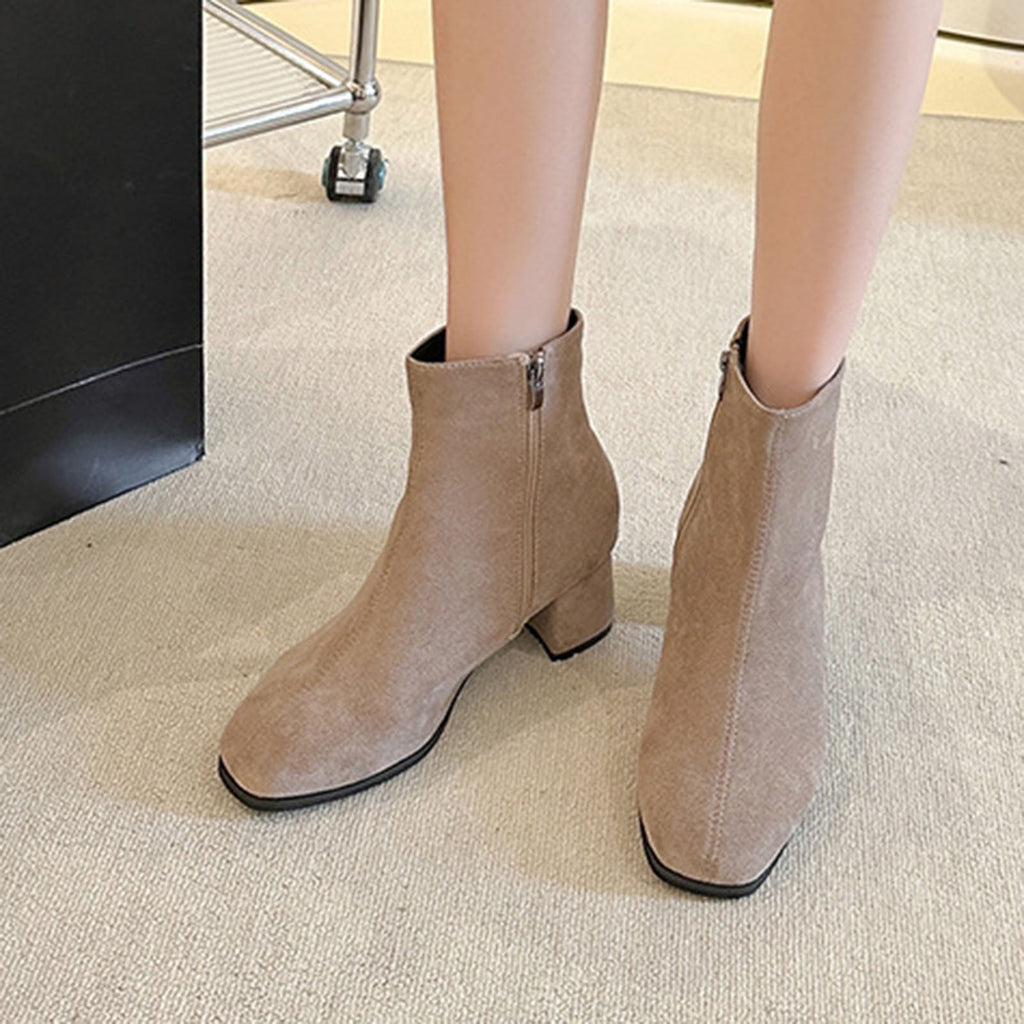 hopeusnice Women's Suede Ankle Boots Block Heel Zipper Closed Toe Booties Comfortable Low Heel Dress Shoes for Fall Winter Khaki 37
