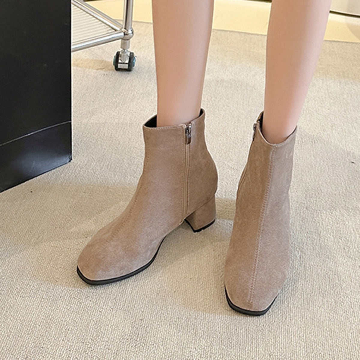 hopeusnice Women's Suede Ankle Boots Block Heel Zipper Closed Toe Booties Comfortable Low Heel Dress Shoes for Fall Winter Khaki 37