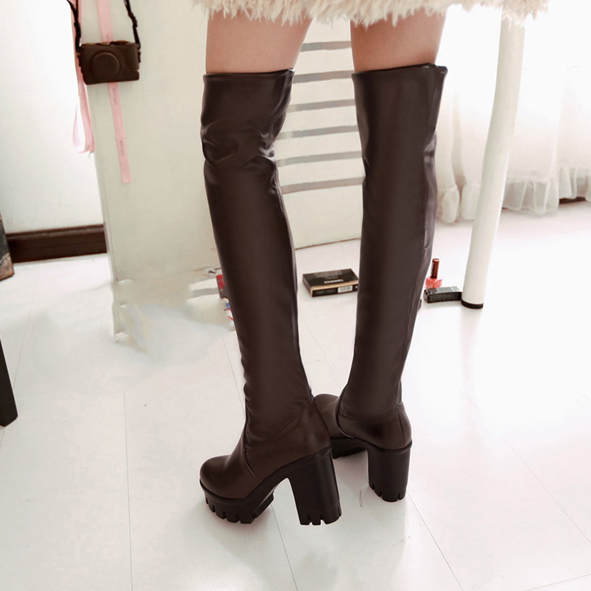 hopeusnice Women's Over The Knee Boots Chunky Heel Boots Faux Leather Thigh High Boots Winter Boots White 36