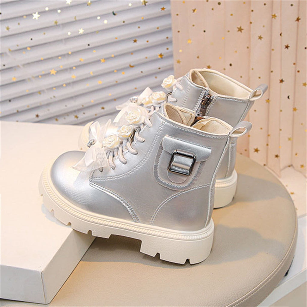 BXJX Girls Ankle Boots with Zipper, Bow Fall Winter Soft Sole Slip-Resistant Lace Up Boots Beige Size 13.5 Little Kids