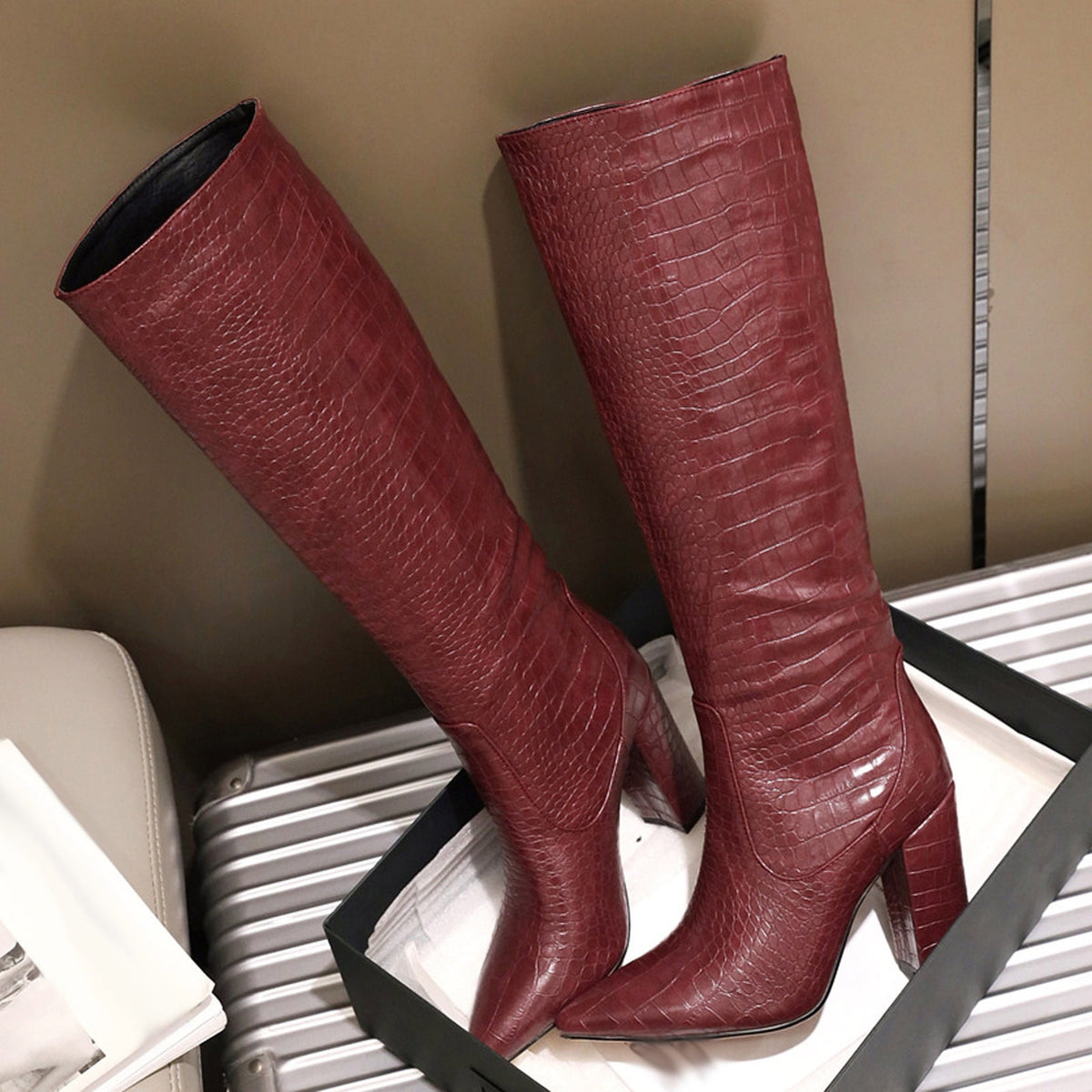 Women's Knee High Boots Pointed Toe Chunky Heel Leather Boots Fall Winter Warm Comfortable Fashion Boots Yellow 44