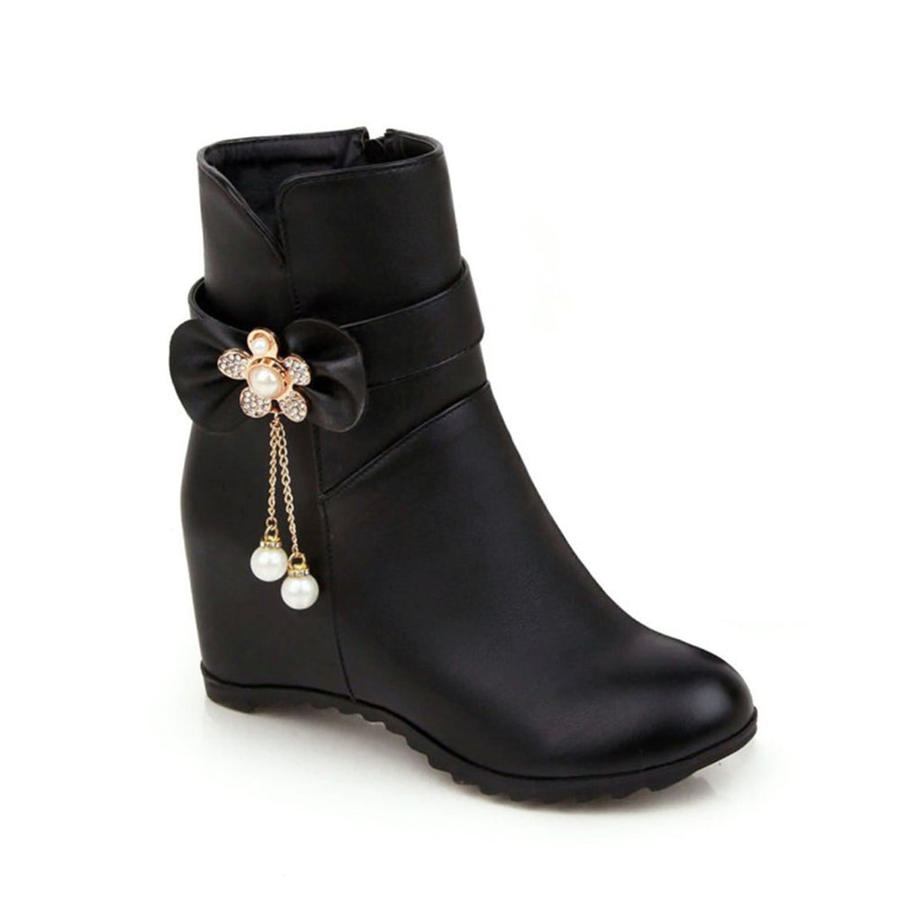 Women's Ankle Boots Wedge Heel Zipper Closure Bowknot Decor Faux Leather Booties Short Boots Comfortable Wedge Heel Shoes Pink 40