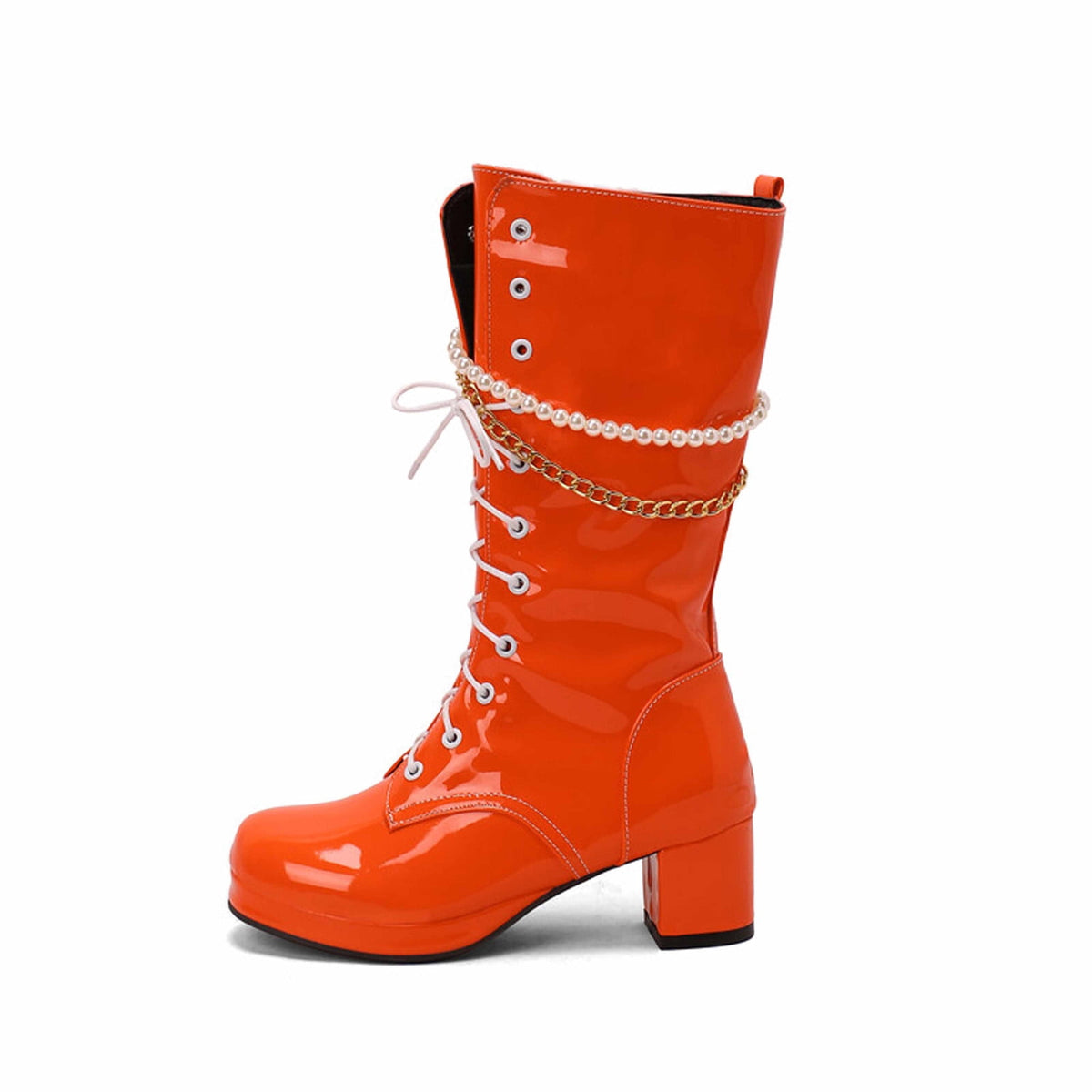 hopeusnice Knee High Boots for Women Mid Calf Boots Chunky Block Heels Buckle Lace Up Boots Stylish Fall Winter Shoes Orange 36