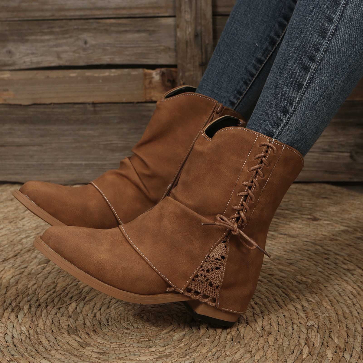 hopeusnice Women's Lace Up Ankle Boots Suede Buckle Low Heel Chunky Heel Mid Calf Booties Round Toe Zipper Fall Winter Comfortable Shoes Brown 38