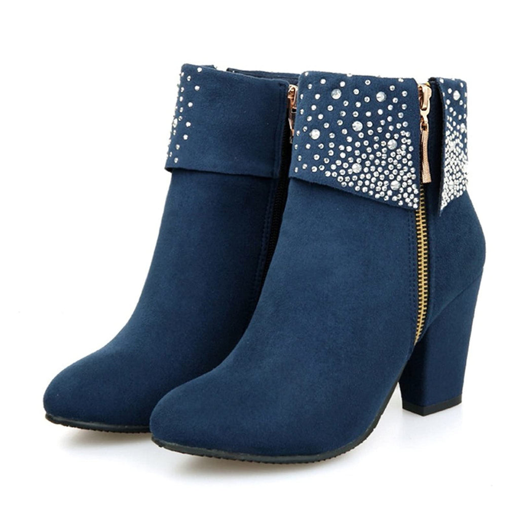 hopeusnice Women's Rhinestone Ankle Boots Zipper Suede Block Heel Booties Comfortable Dressy Winter Warm Shoes Black 36