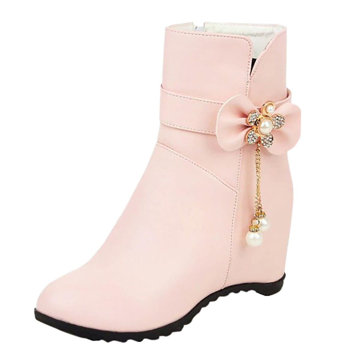 Women's Ankle Boots Wedge Heel Zipper Closure Bowknot Decor Faux Leather Booties Short Boots Comfortable Wedge Heel Shoes Pink 40