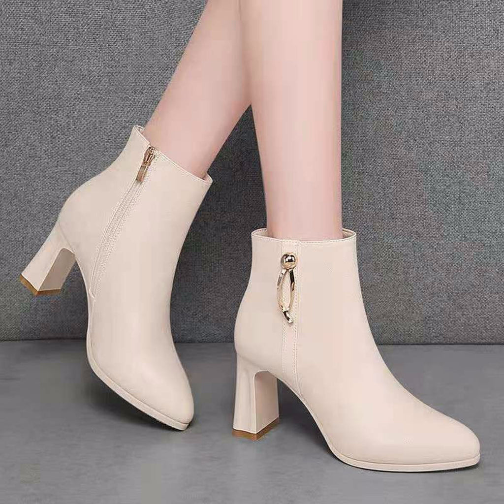 hopeusnice Women's Ankle Boots Pointed Toe Zipper Block Heel Booties Comfortable Leather Shoes Fall Winter Dressy Shoes Black 38