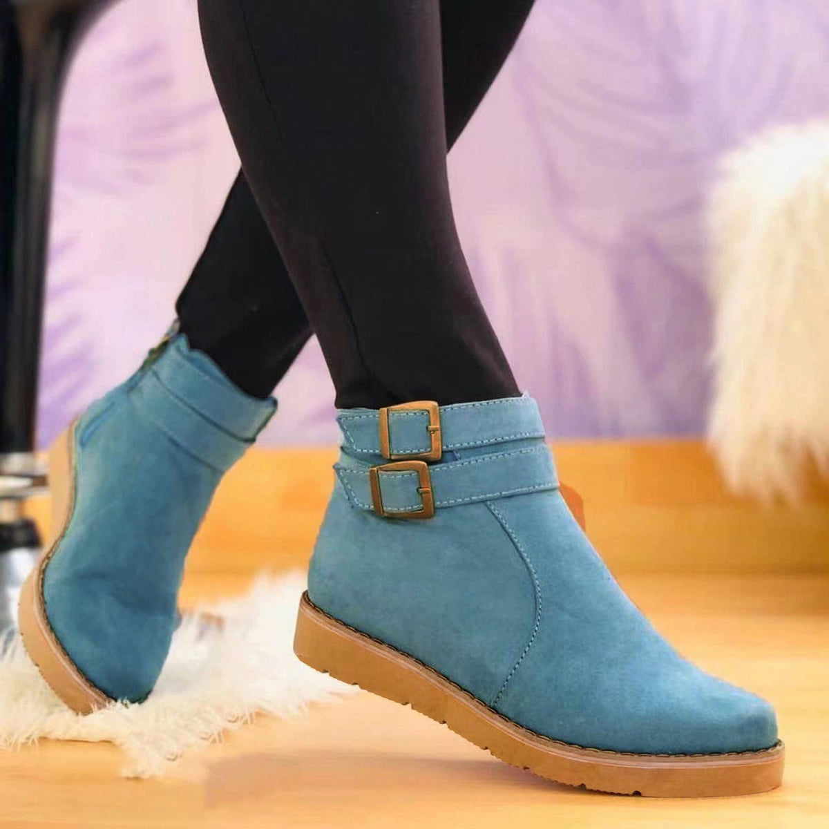 hopeusnice Women's Buckle Ankle Boots Suede Winter Warm Shoes Flat Heel Buckle Ankle Boots Comfortable Fashion Boots Black 36