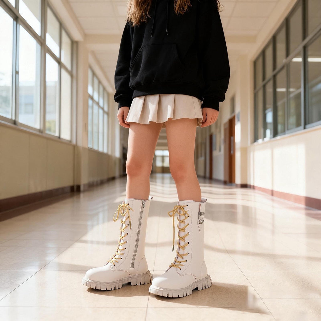 Mwjwdo Girl's Mid Calf Boots Fashion Bow Knot Long Barrel Leather Casual Comfortable Princess Boots for Fall Winter Little Kids Beige 34