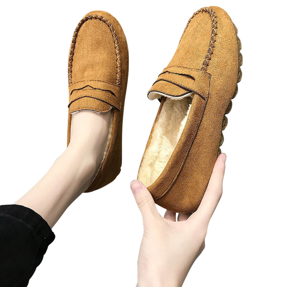 Women's Suede Loafers Winter Warm Plush Fuzzy Fleece Lined Slip On Shoes Flats Comfortable Cozy Indoor Outdoor Footwear Red 38