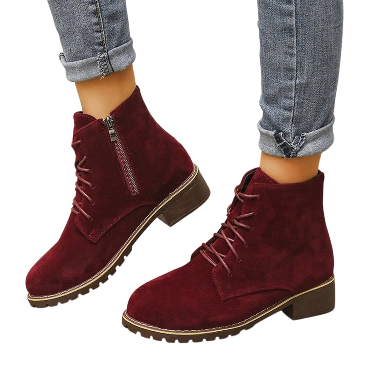 Bnwani Ankle Boots for Women Lace‑Up & Side Zipper Block Low Heel Round Toe Short Booties Black 38(US:6.5)