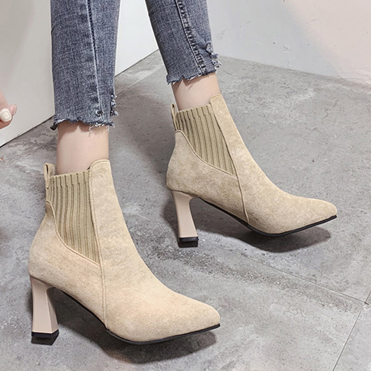 hopeusnice Women's Ankle Boots Pointed Toe Suede Block Heel Booties Elastic Side Zipper Comfortable Dress Boots Fall Winter Shoes Beige 39