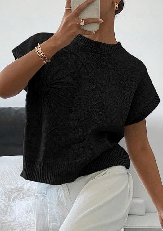 PRETTYGARDEN Women's Spring Sweater Vest Trendy Flower Knit Short Sleeve Cute Pullover Tank Tops Summer Fashion Clothing
