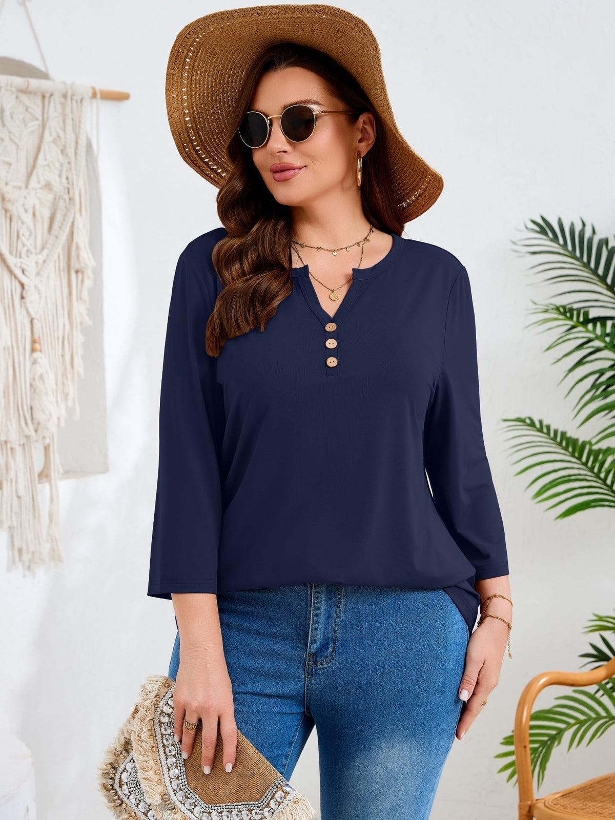 SHOWMALL Plus Size Tops for Women, 3/4 Sleeve Button V Neck Casual Tunic Blouse, Green, Size 4X