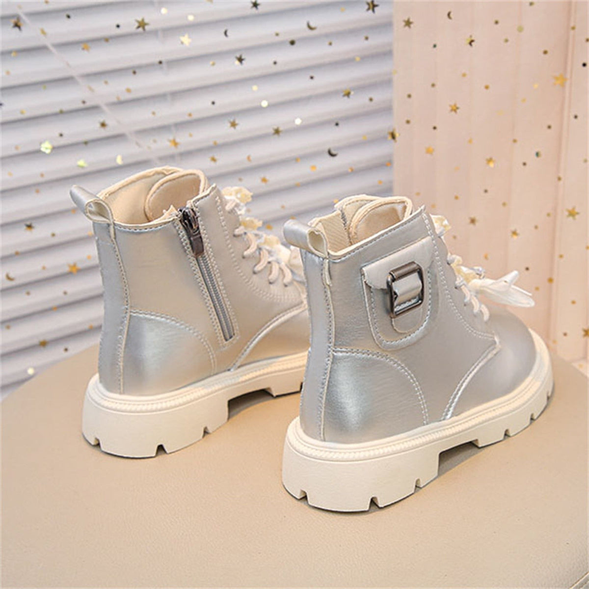BXJX Girls Ankle Boots with Zipper, Bow Fall Winter Soft Sole Slip-Resistant Lace Up Boots Beige Size 13.5 Little Kids