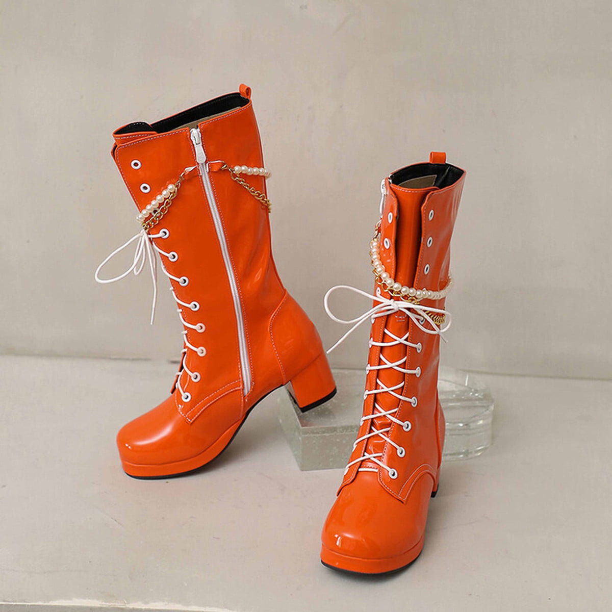 hopeusnice Knee High Boots for Women Mid Calf Boots Chunky Block Heels Buckle Lace Up Boots Stylish Fall Winter Shoes Orange 36