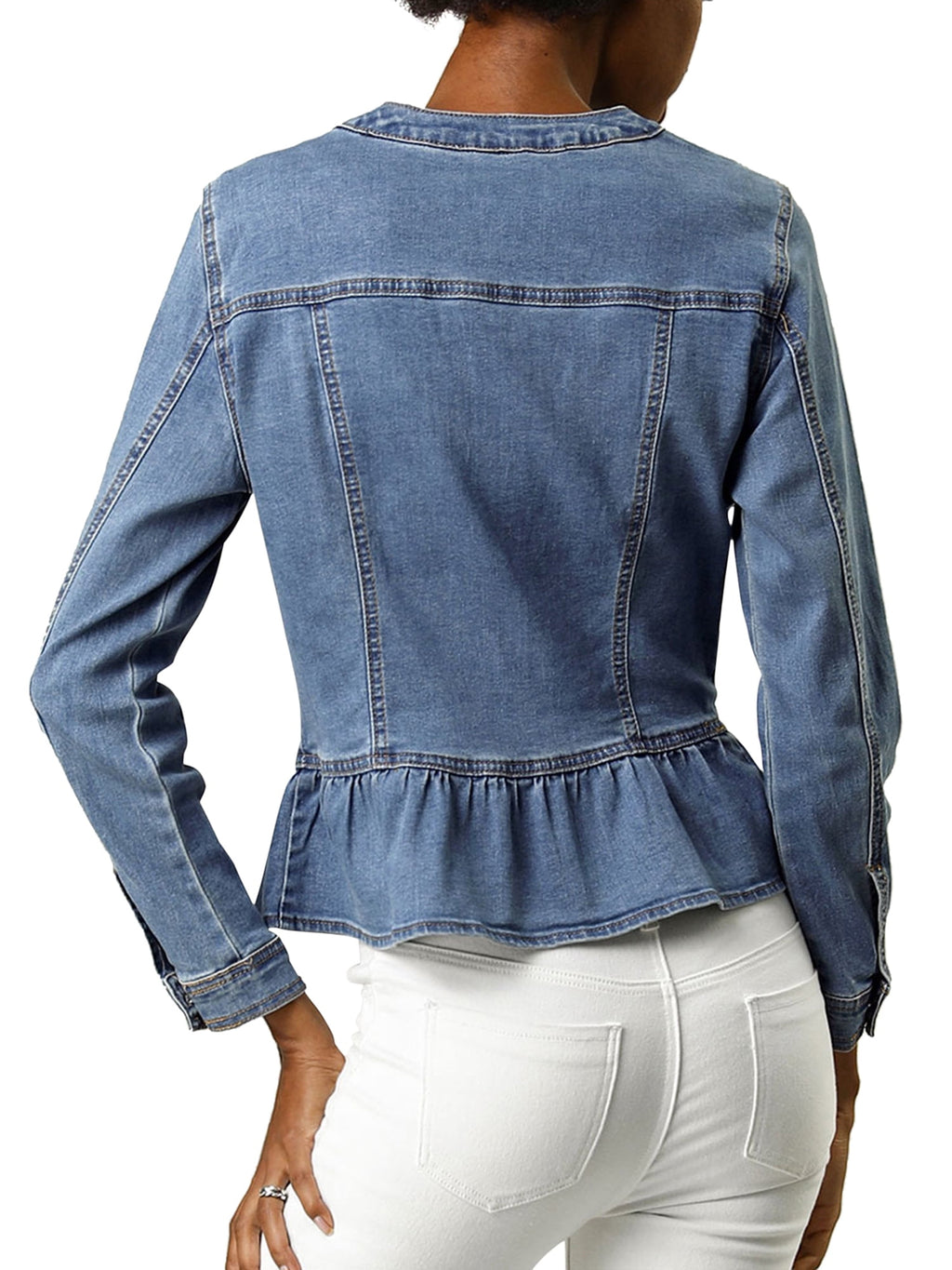 INSPIRE CHIC Women's Denim Jackets Button Down Peplum Hem Long Sleeves Cropped Jean Jackets White L