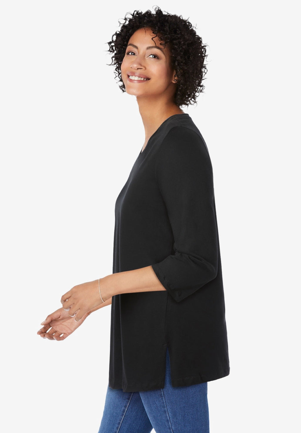 Woman Within Plus Size Perfect Three-Quarter Sleeve V-Neck Tunic