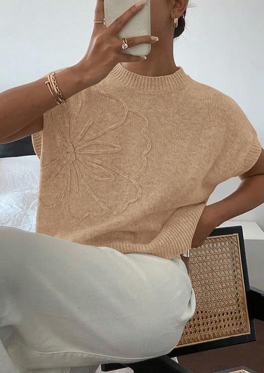 PRETTYGARDEN Women's Spring Sweater Vest Trendy Flower Knit Short Sleeve Cute Pullover Tank Tops Summer Fashion Clothing