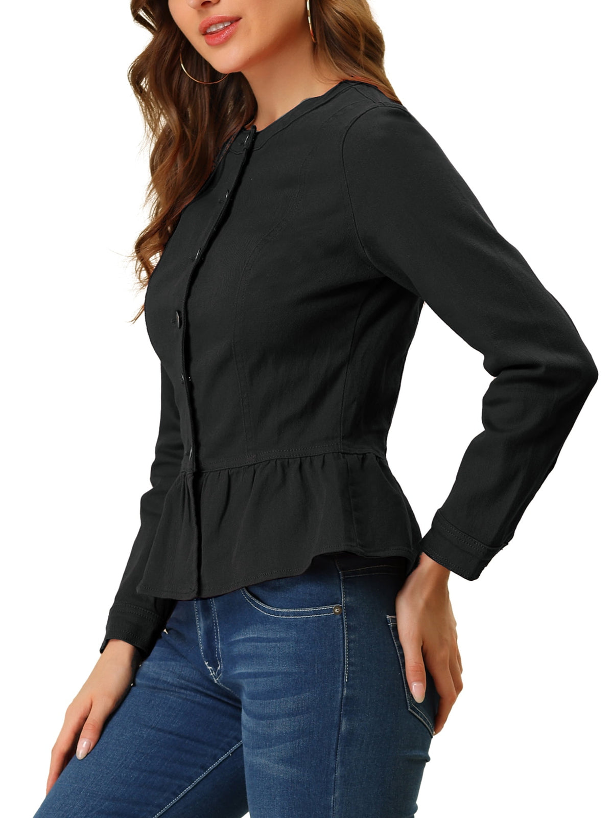 INSPIRE CHIC Women's Denim Jackets Button Down Peplum Hem Long Sleeves Cropped Jean Jackets White L