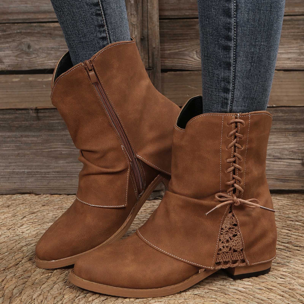 hopeusnice Women's Lace Up Ankle Boots Suede Buckle Low Heel Chunky Heel Mid Calf Booties Round Toe Zipper Fall Winter Comfortable Shoes Brown 38