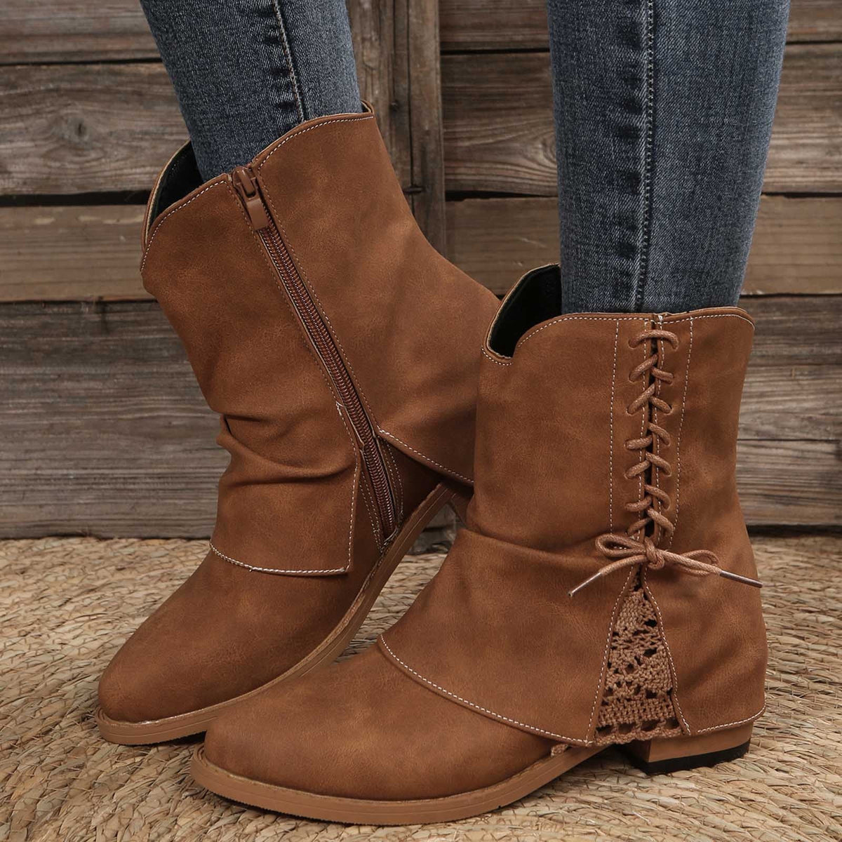 hopeusnice Women's Lace Up Ankle Boots Suede Buckle Low Heel Chunky Heel Mid Calf Booties Round Toe Zipper Fall Winter Comfortable Shoes Brown 38