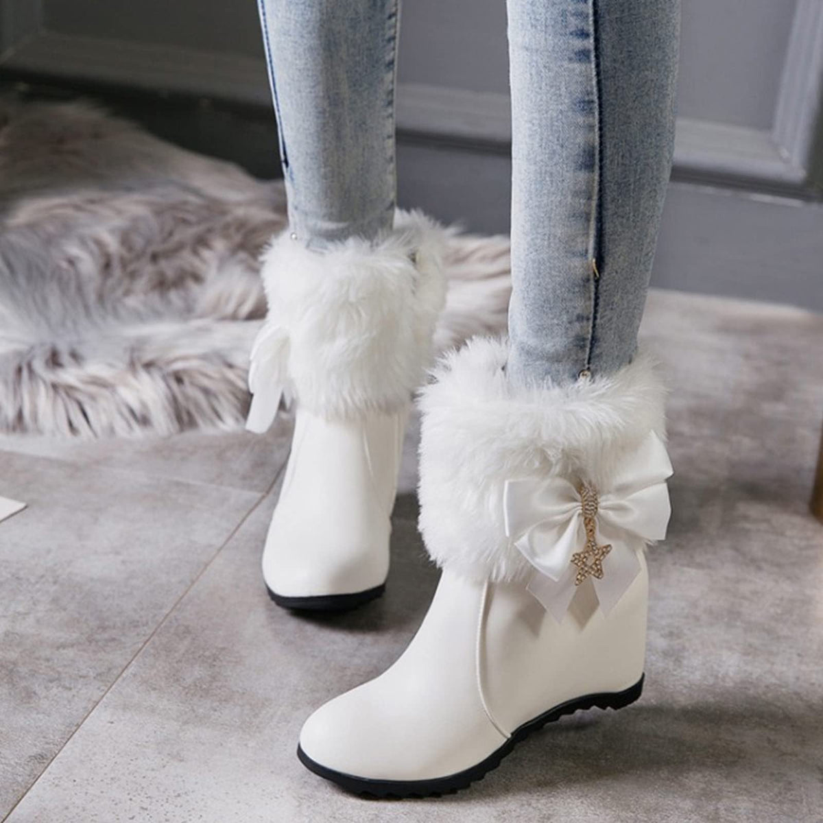 Women Winter Warm Hidden Wedge Snow Booties Leather Cute Bowknot Rhinestones Fuzzy Fleece Lined Thickening Side Zipper Ankle Boots White 39