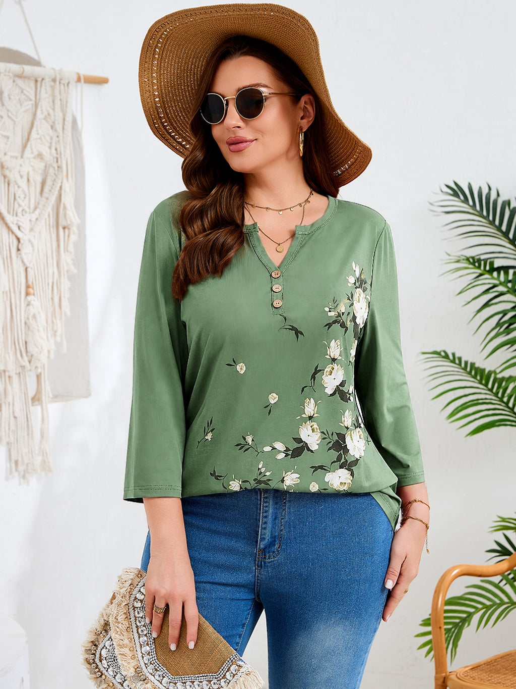 SHOWMALL Plus Size Tops for Women, 3/4 Sleeve Button V Neck Casual Tunic Blouse, Green, Size 4X