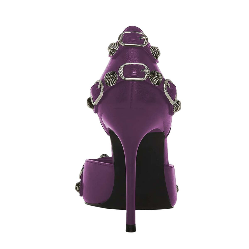 XYD Women Fashion Stiletto High Heels D'Orsay Pumps Closed Pointed Toe Studs Buckles Night Club Party Shoes Size 9 Purple
