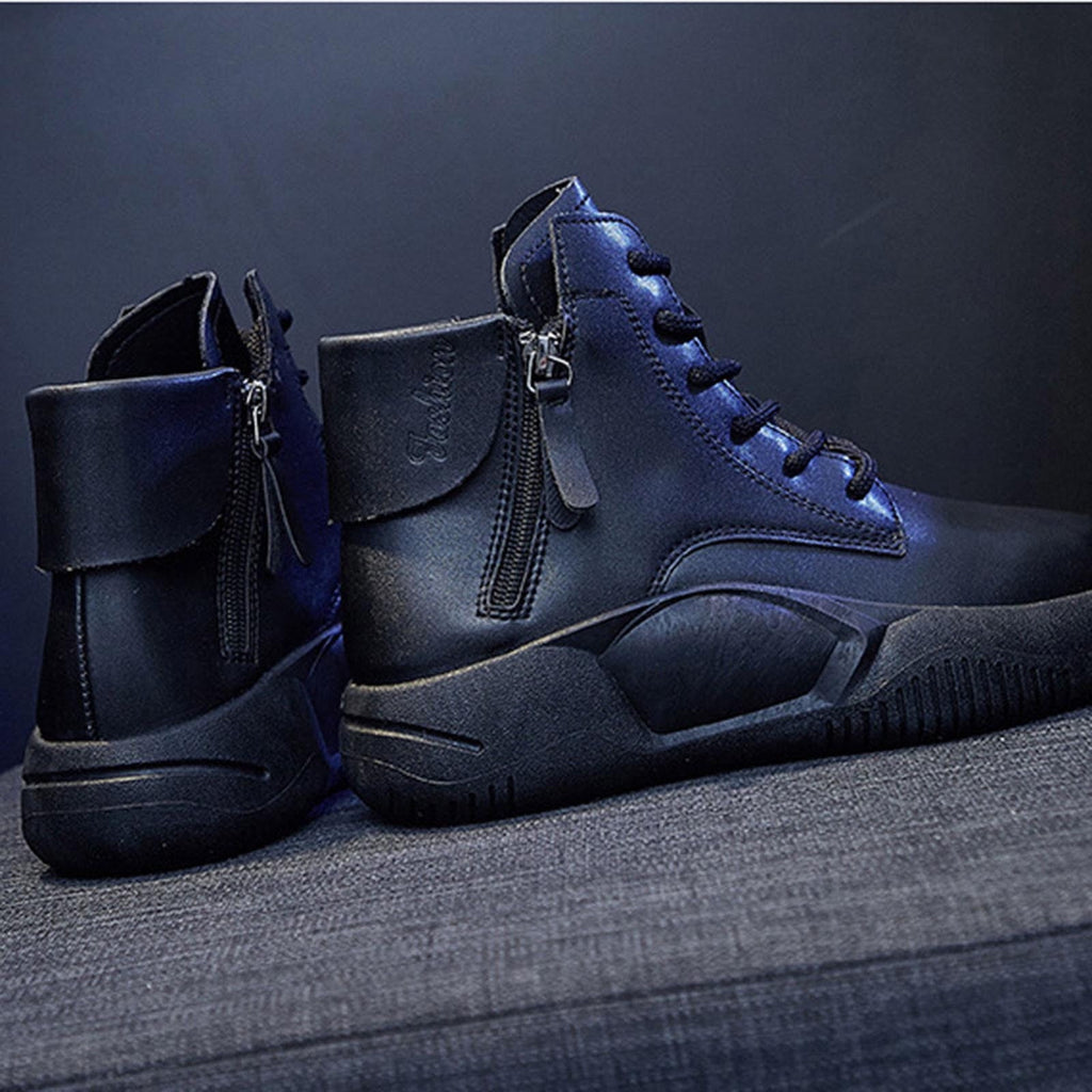 hopeusnice Women's Faux Leather Boots High Top Lace Up Zipper Ankle Boots Sneakers Comfortable Breathable Shoes Black 36