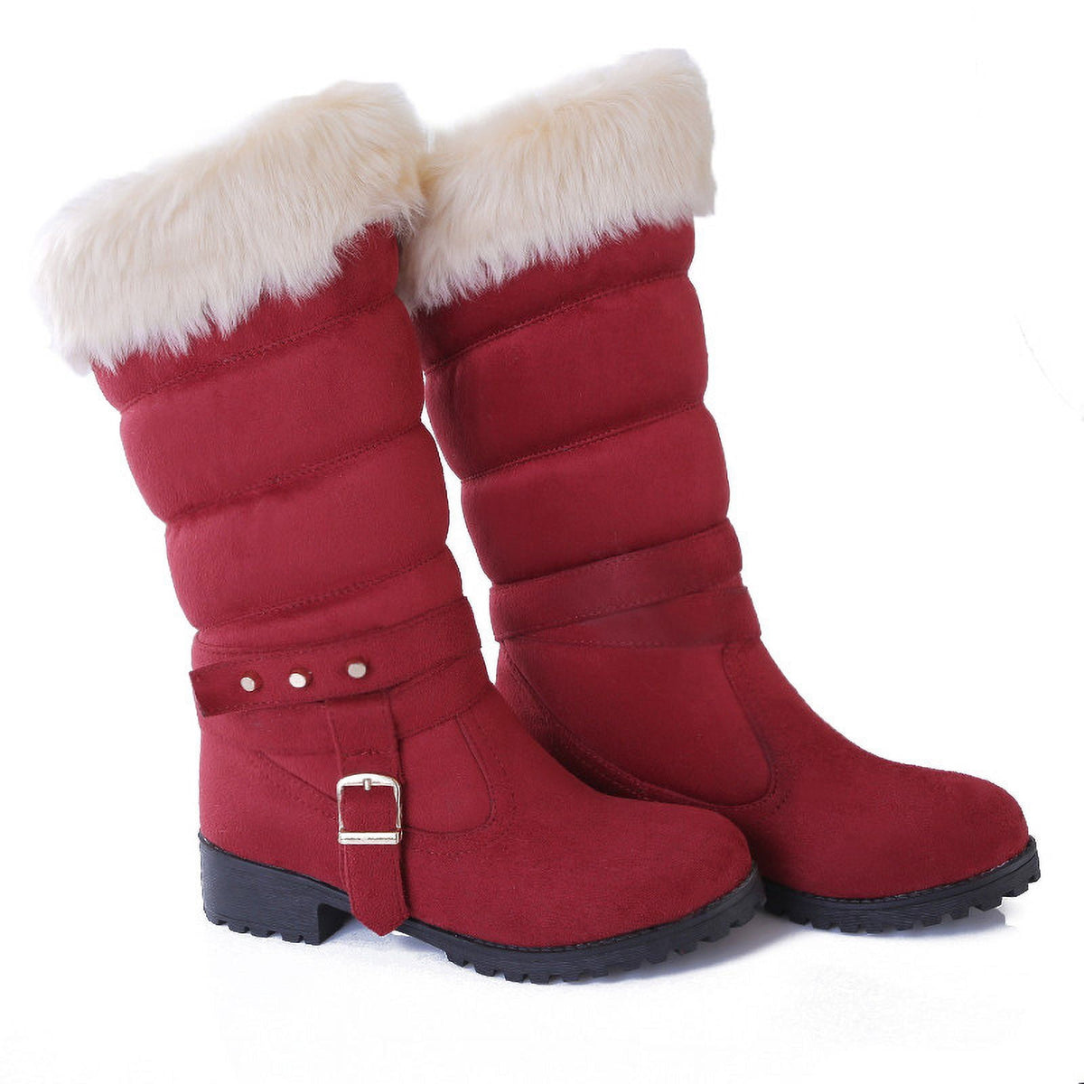 Mid Calf Boots For Women Thermal Plush Fleece Lined Suede Round Toe Chunky Mid Heels Winter Snow Boots Winter Warm Dress Long Tall Boots Blue 37