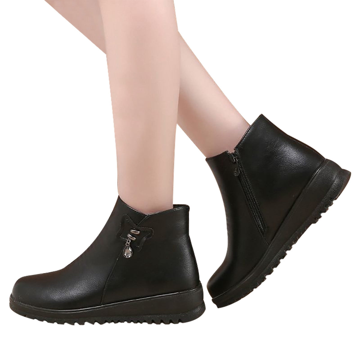 Women's Winter Boots Fuzzy Fleece Lined Ankle Booties Warm Plush Zipper Shoes Wedge Heel Comfortable Non-Slip Snow Boots Black 35