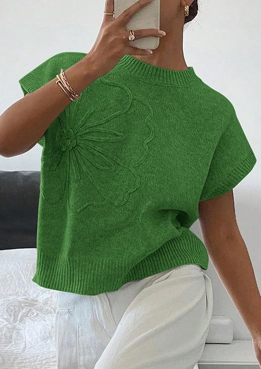 PRETTYGARDEN Women's Spring Sweater Vest Trendy Flower Knit Short Sleeve Cute Pullover Tank Tops Summer Fashion Clothing