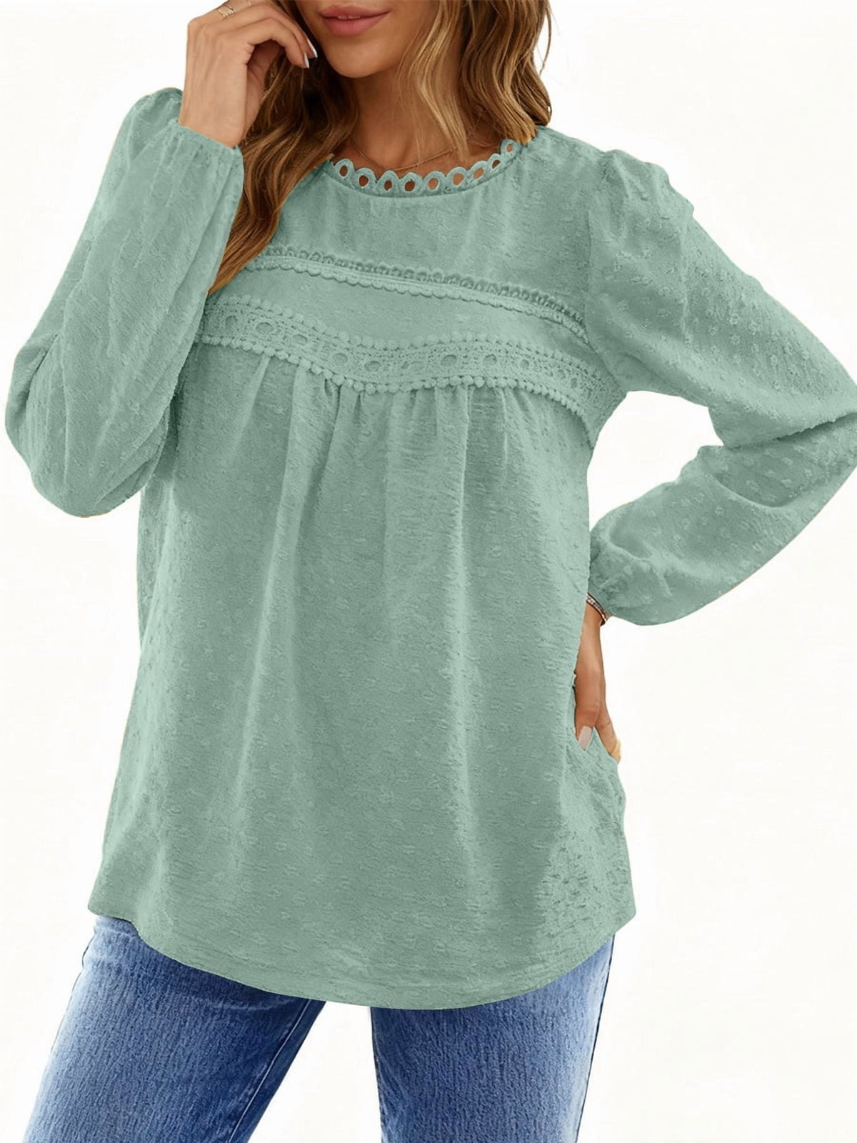 UVN Fall Shirts for Women Long Sleeve Blouses Ladies Crewneck Lace Crochet Tops Dressy Chiffon Blouses