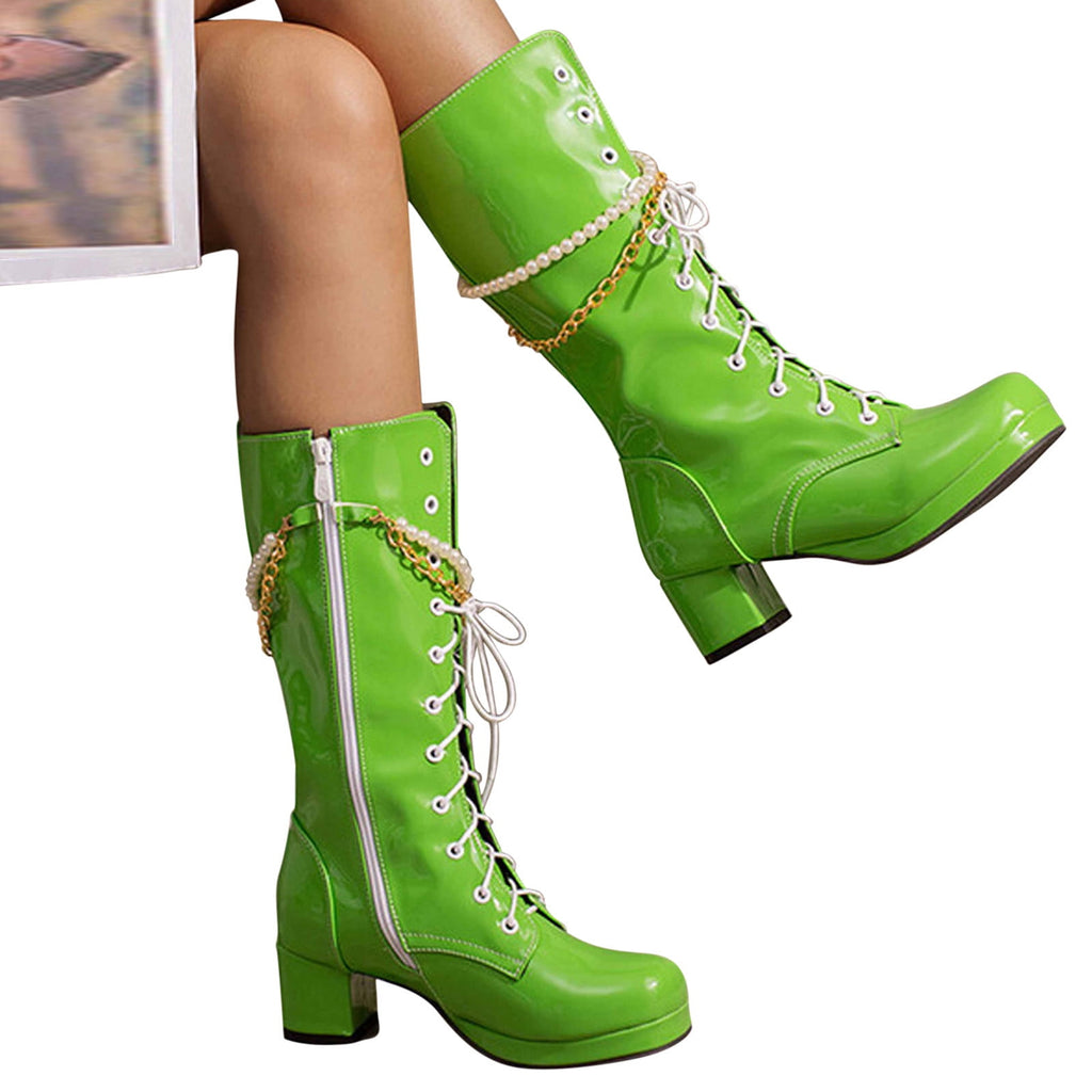 hopeusnice Knee High Boots for Women Mid Calf Boots Chunky Block Heels Buckle Lace Up Boots Stylish Fall Winter Shoes Orange 36