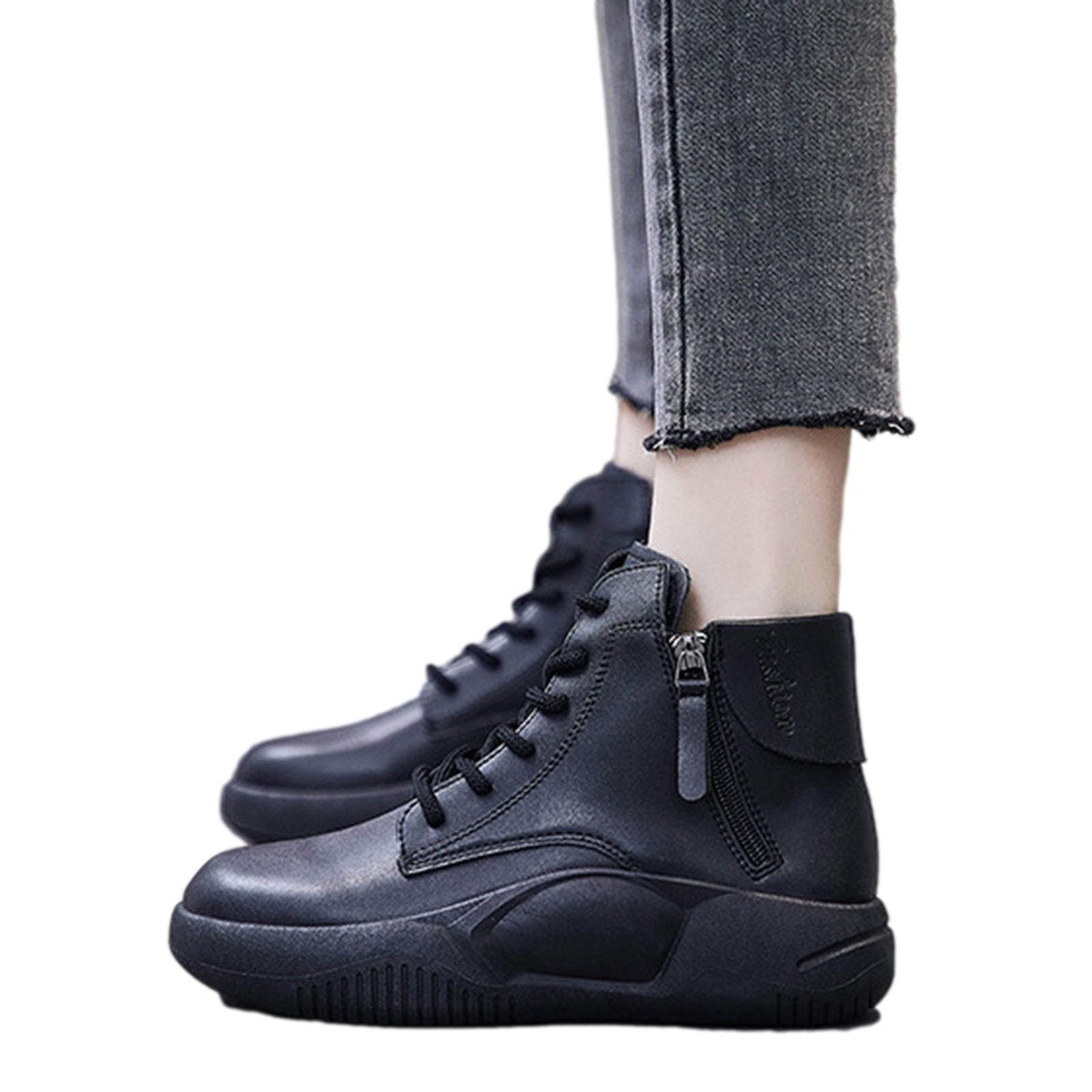 hopeusnice Women's Faux Leather Boots High Top Lace Up Zipper Ankle Boots Sneakers Comfortable Breathable Shoes Black 36