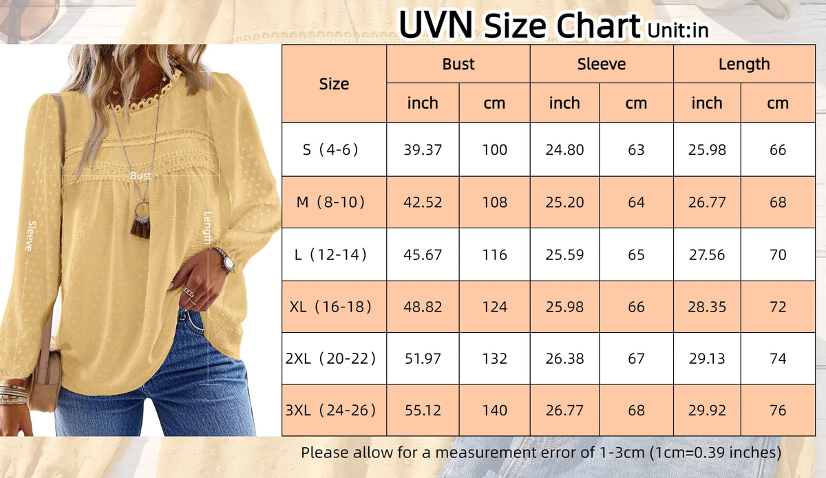 UVN Fall Shirts for Women Long Sleeve Blouses Ladies Crewneck Lace Crochet Tops Dressy Chiffon Blouses