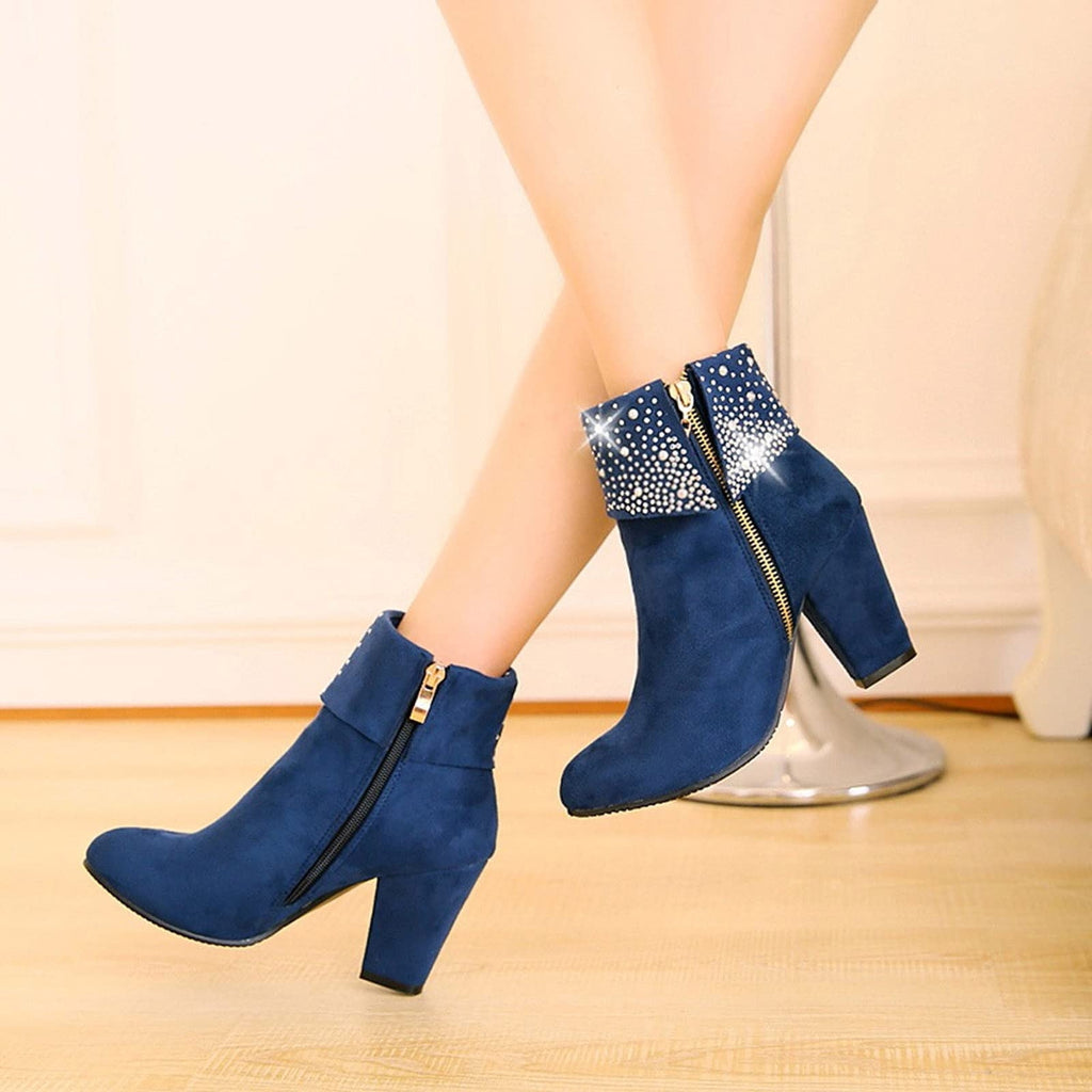 hopeusnice Women's Rhinestone Ankle Boots Zipper Suede Block Heel Booties Comfortable Dressy Winter Warm Shoes Black 36