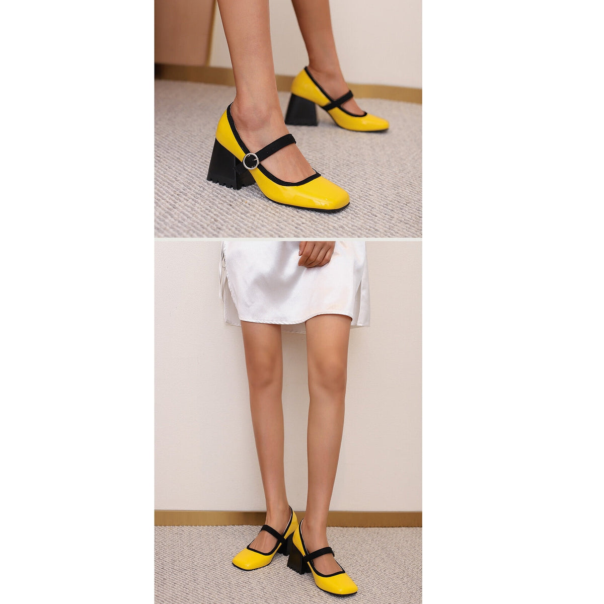 hopeusnice Women's Mary Jane Buckle Block Heel Pumps Square Toe Chunky Heel Dress Shoes Comfortable Formal Wedding Party Shoes Green 38